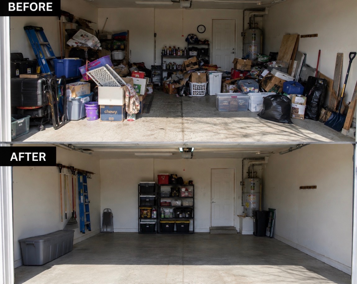 Before and after of a cluttered two-car garage cleared out by Coastal Solutions