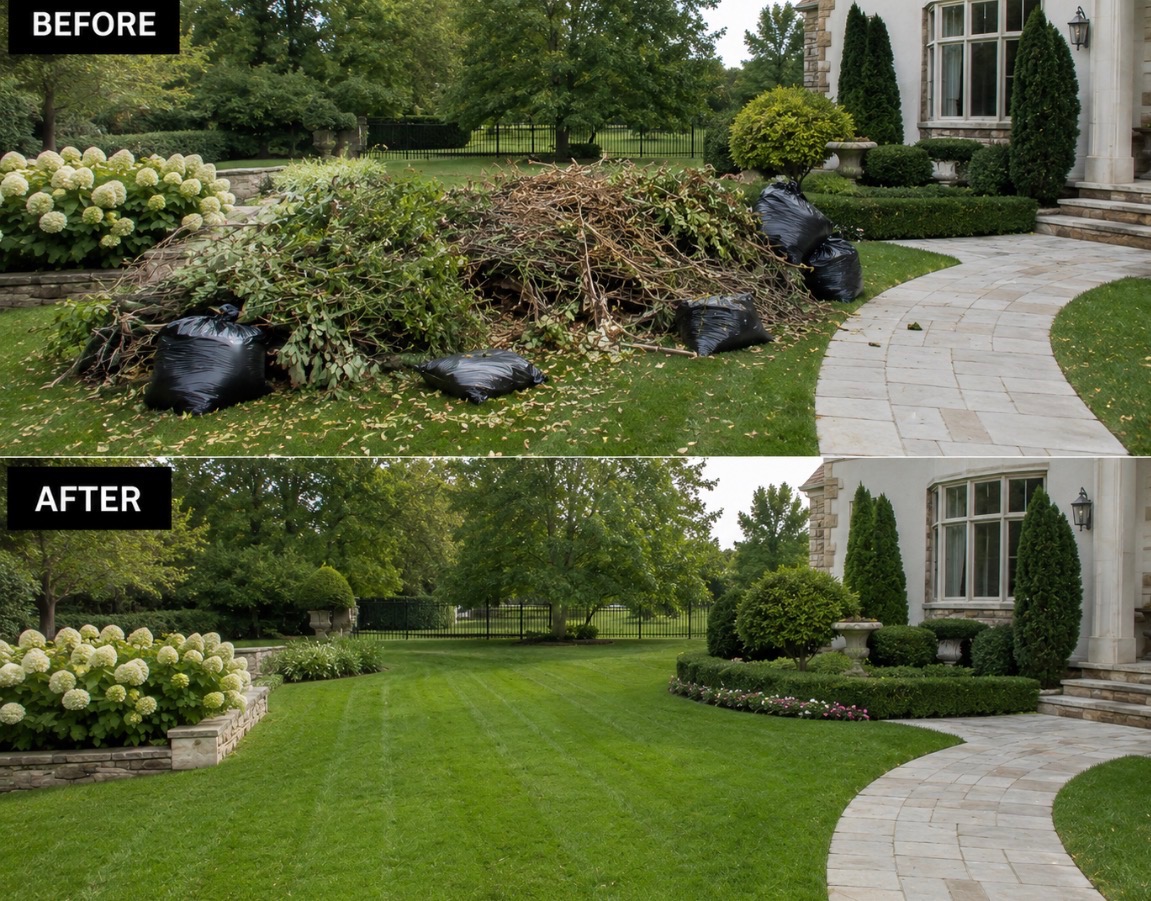 Before and after of yard trimmings and branches cleared from a front lawn