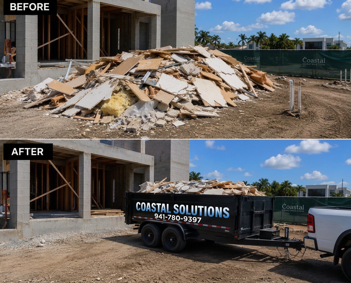 Before and after of construction drywall and lumber debris loaded into a dump trailer