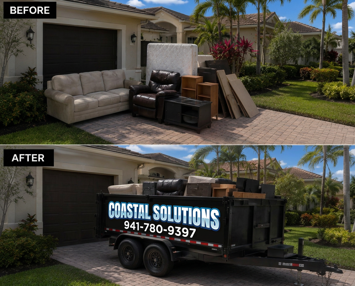 Before and after of couches, mattress and cabinets removed from a driveway