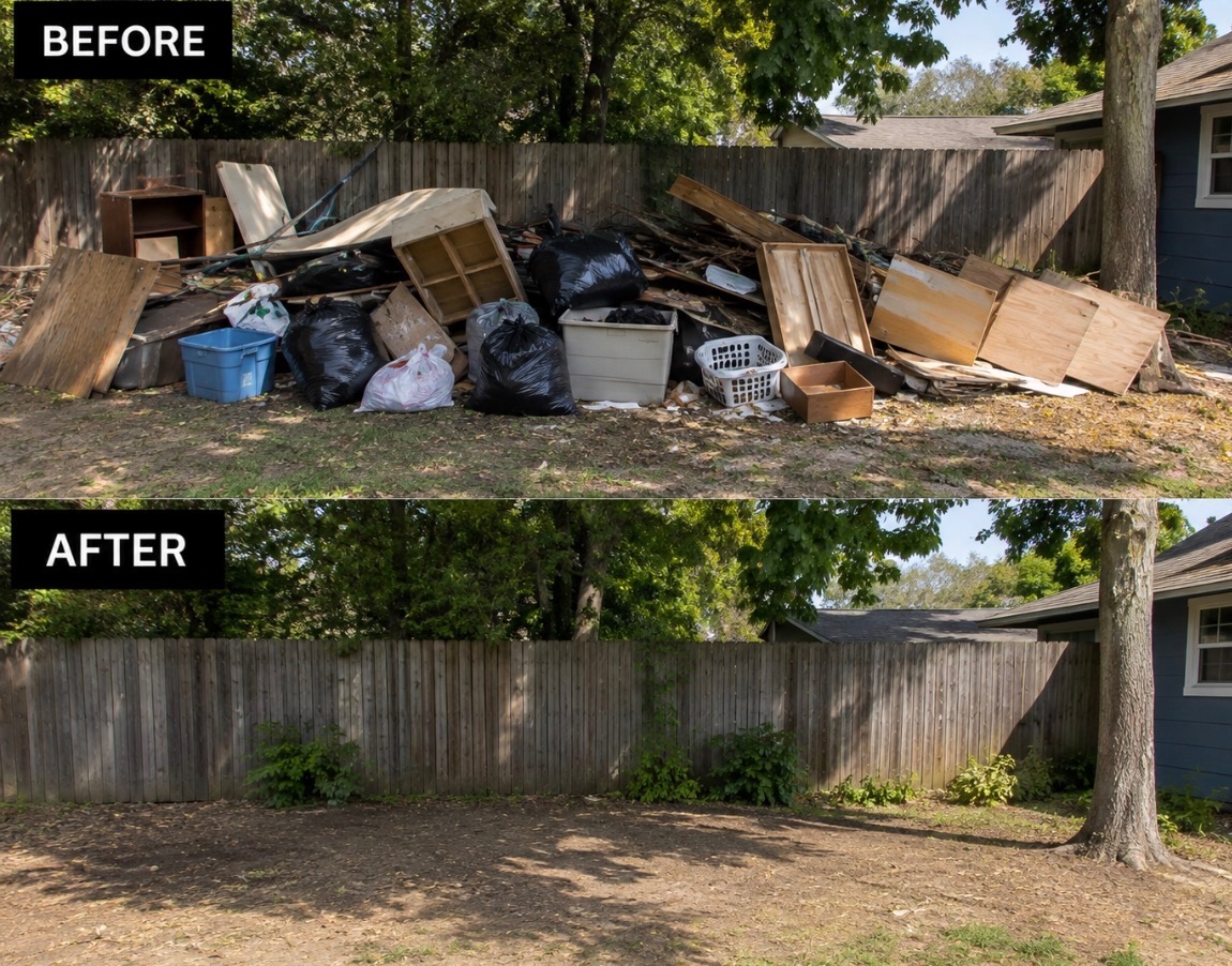 Before and after of a backyard debris pile of wood and trash bags removed