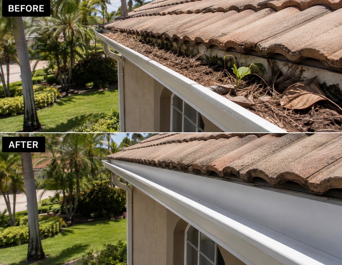 Before and after of clogged tile-roof gutters flushed clean